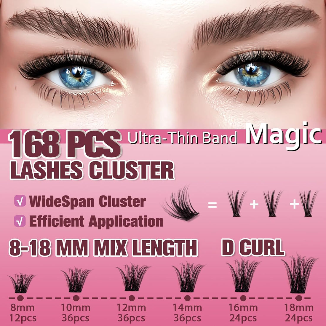 Kit de extensiones de pestañas DIY de uCoolme Magic Volume Lash Clusters, longitud de 8 a 18 mm, rizo en forma de D, maquillaje de ojos (088 Magic)