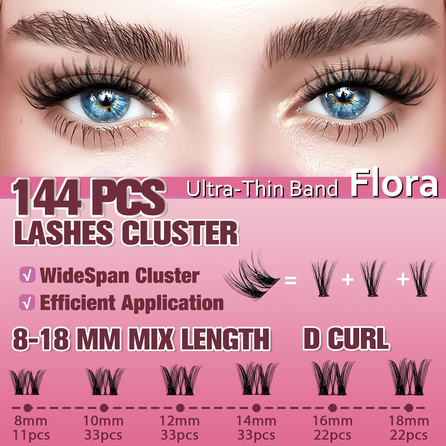 Pestañas postizas DIY Flora Lash Clusters de uCoolme, de 8 a 18 mm de largo, con rizo en forma de D, para maquillaje de ojos (049 Flora)