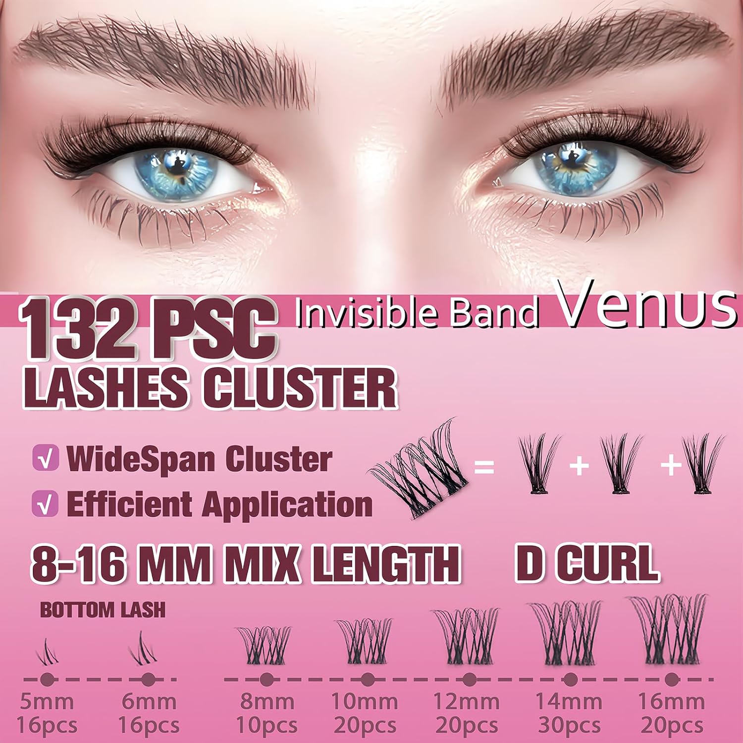 Invisible Band Venus uCoolMe Lash Clusters Kit 5-16mm With Bottom Lashes Kit (Invisible Band Venus&amp; Lazy Girl)